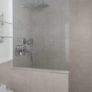 Glass and beige tiled shower with glass shelves and a seahorse on the wall